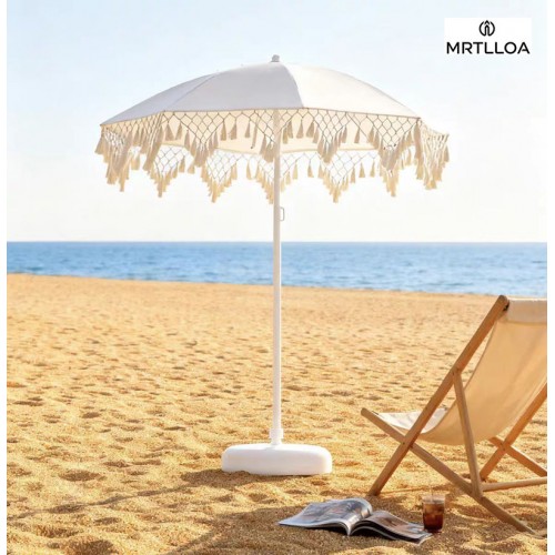 Beach Umbrella for Sand with Fringe Luxury Boho Outdoor Umbrella for Beach, Pool, or Garden